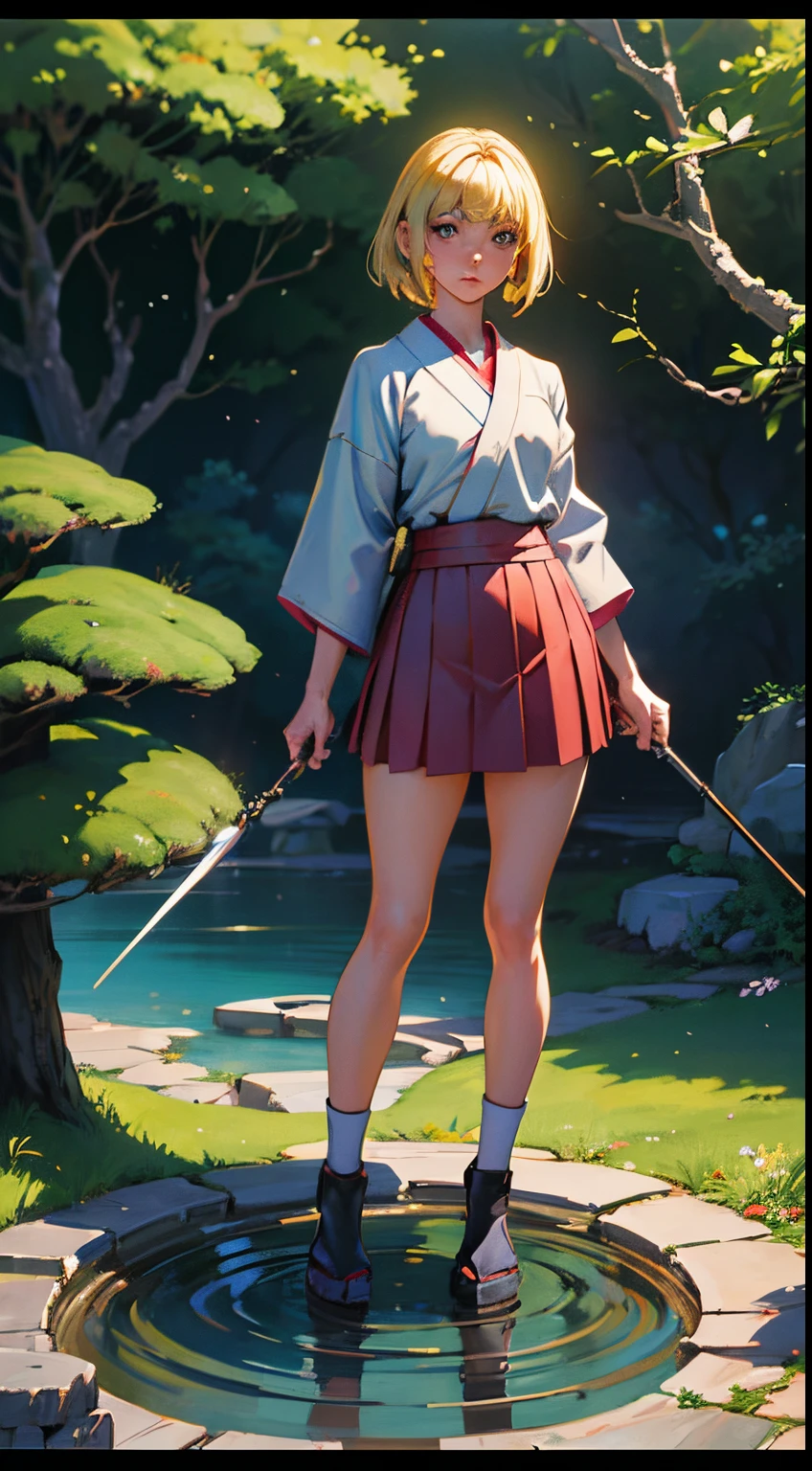Michael Whelan, Riyoko Ikeda, Surreal, mysterious, strange, fantastical, fantasy, Sci-fi, Japanese beautiful garden, picturesque, general optics of refracting telescope, stone flower, beautiful blonde miniskirt girl Alice, perfect body, detailed masterpiece