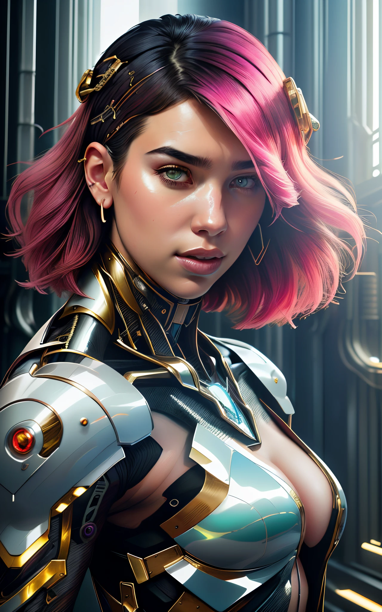 8k portrait of beautiful (cyborg) with pink hair, (Dua Lipa) , mecha musume scifi body suit, pauldrons, intricate, elegant, highly detailed, majestic, digital photography, art by artgerm and ruan jia and greg rutkowski surreal painting reflective, hairpin jewel, broken glass, (masterpiece, sidelighting, finely detailed beautiful eyes: 1.2), hdr,