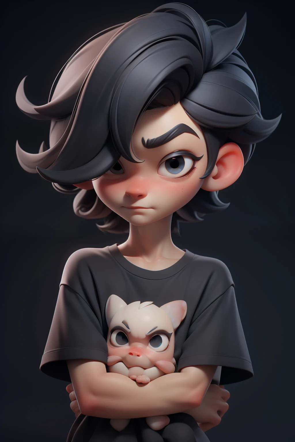 Huff, 3D face pattern, Boy with long hair, Dyed short hair,long eyelasher,black t-shirts,(黑The eye) ,,, black hair color hair