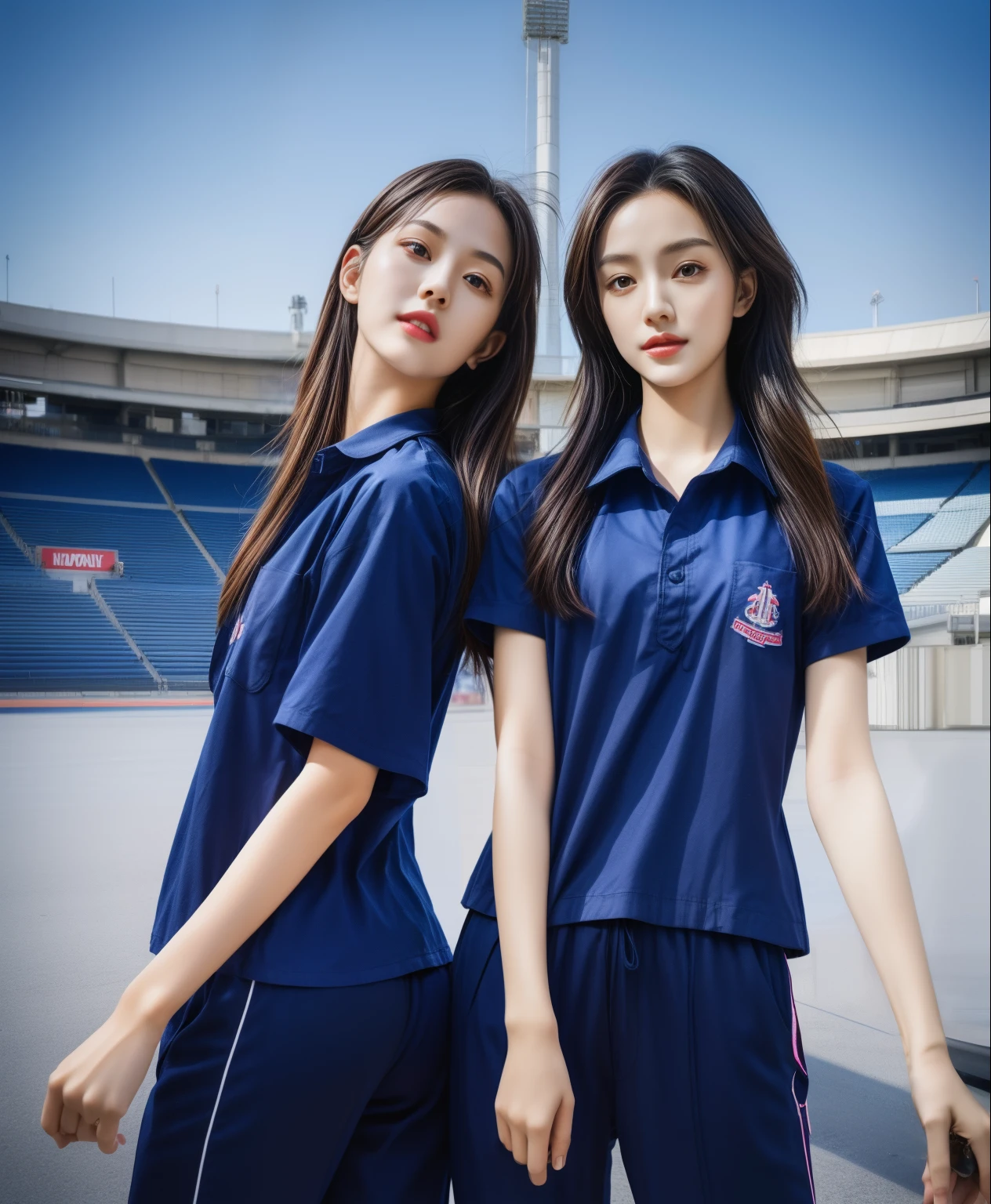 (bestquality,10,10,highres,masterpiece:1.2),ultra-detail,(Realistic,photorealistic portrait,photo-realistic:1.37),1 Cute girl in the football field,oily shiny skin,bara,light smile,BDclothes,((blue shirt:1.3)),short sleeves,shirt, trousers.,(navy_long_Pants Track:1.1), ((Stadium Background:1.3)),dynamic angle,excited,face focus,Dynamic Poses,from behide,Ass Focus,masterpiece, bestquality, ultra realistic, hyper-detail, 8k resolution, RAW photo, crisp focus, ((Navy blue shirt:1.1)), short sleeves, Long Path, Perfect body, 2 mature women, 18yo, cinematic light,Blue sweatpants,Gymware,Correct anatomy,Complete body, Correct body, sharp face, Anatomically correct body, full entire body, Realistic gestures, long-haired, Realistic poses,Wear long shorts.............................,Long leg span,Shapely,Sculpting Girl, Slender Figure, mannequin mannequins, Shapely, Beautiful body,Blue sweatpants, Two girls kissing