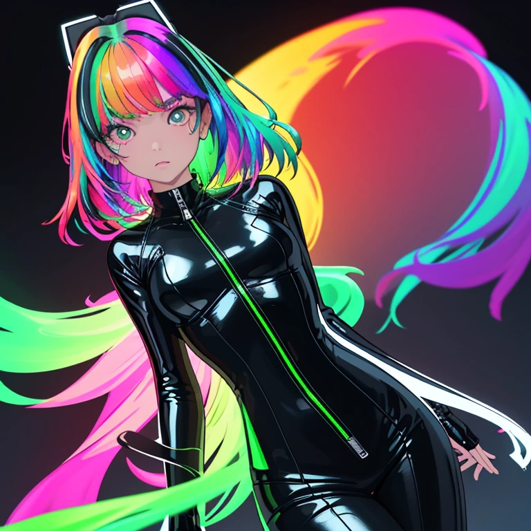 ((​masterpiece、top-quality:1.5、a high chroma:1.5、ultra-detailliert、high-resolution illustrations:1.5、Ultra-high-definition CG、8k size wallpaper、offcial art))、(1girl,),(cute face:1.5)、(clear face:1.3)、(sexy body),(),(black rubber suit、front zipper),(fluorescence multicolored hair:1.5), ((medium breasts))、
,(Glossy costumes),()、(cowboy shot)、rainbow-colored hair