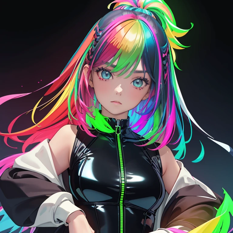 ((masterpiece、top-quality:1.5、a high chroma:1.5、ultra-detailliert、high-resolution illustrations:1.5、Ultra-high-definition CG、8k size wallpaper、offcial art))、(1girl,),(cute face:1.5)、(clear face:1.3)、(sexy body),(),(black rubber suit、front zipper),(fluorescence multicolored hair:1.5), ((medium breasts))、
,(Glossy costumes),()、(cowboy shot)、rainbow-colored hair