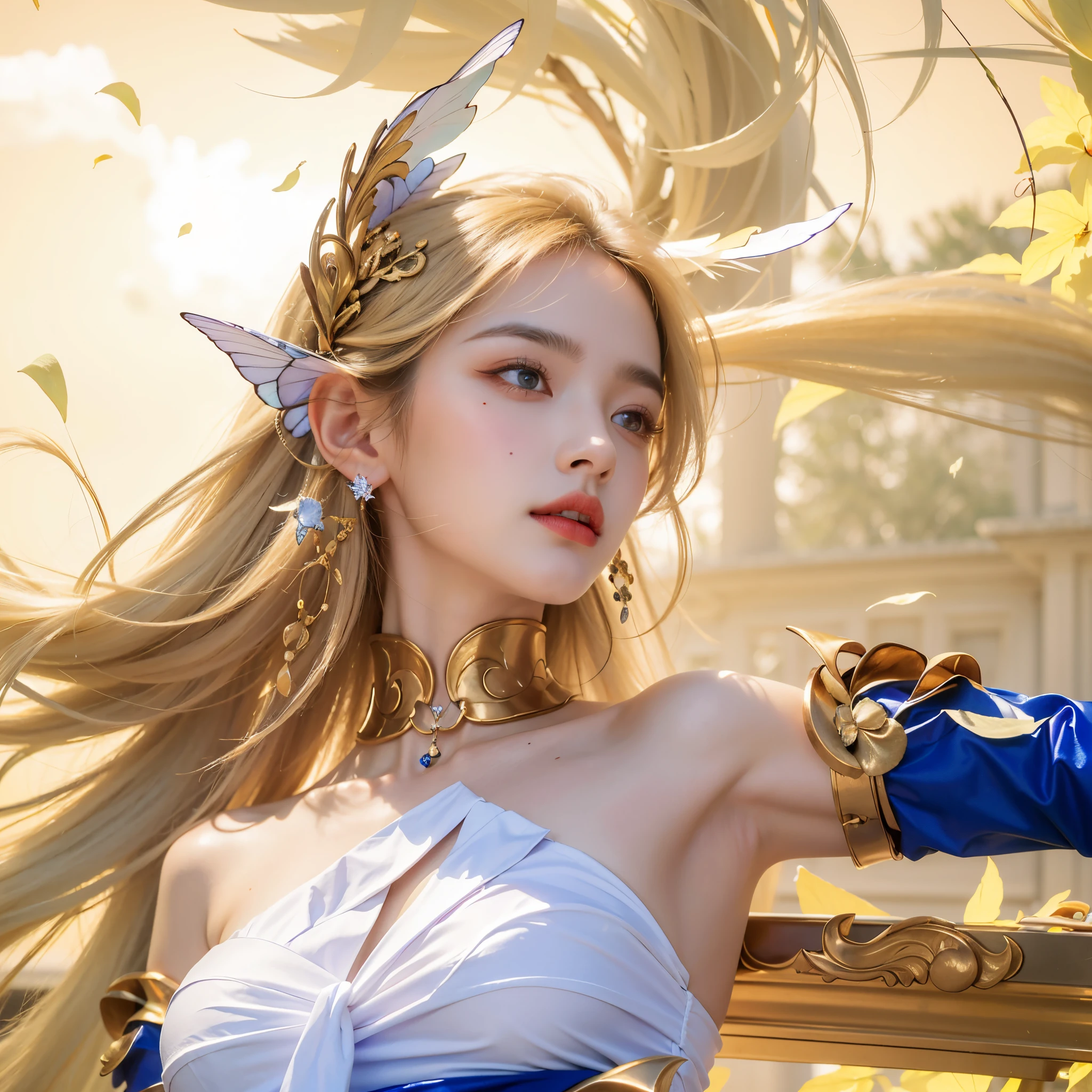 (photorealistic:1.4), best quality, masterpiece, ultra high res, 1girl, (detailed face:1.2), (detailed eyes:1.2), (detailed hair:1.2), (detailed clothes:1.2), 4k, (detailed color:1.2),Beautiful face, perfect in everything,Beautiful double eyelids,Background There are purple butterflies flying around