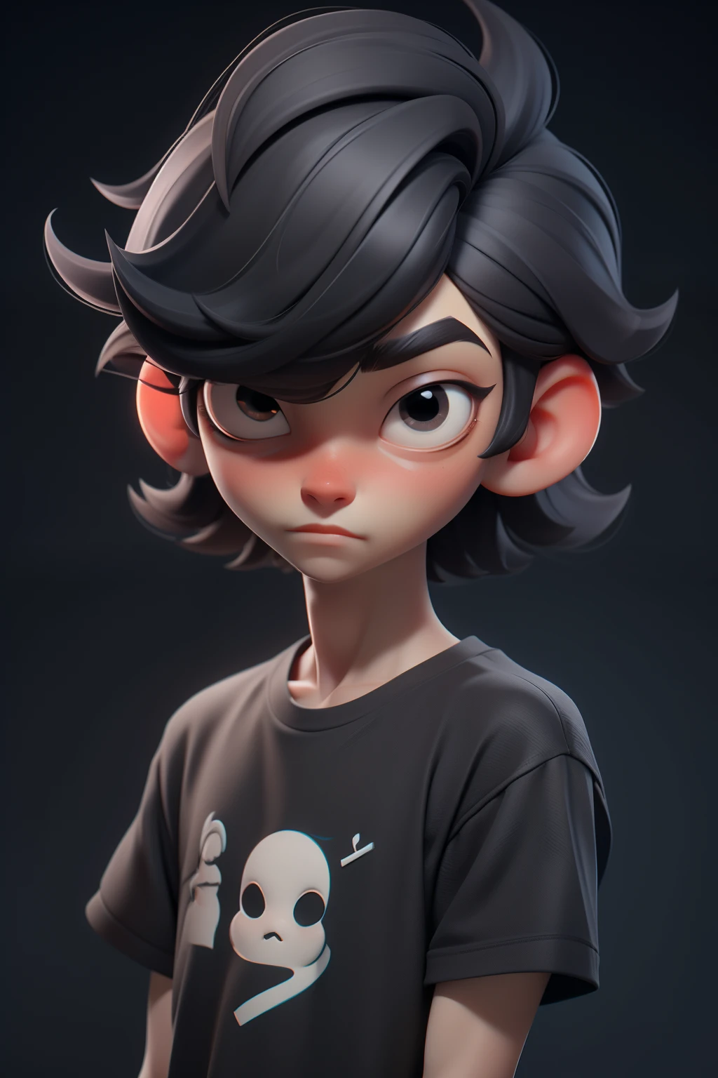 Huff, 3D face pattern, Boy with long hair, Dyed short hair,long eyelasher,black t-shirts,(黑The eye) ,,, black hair color hair