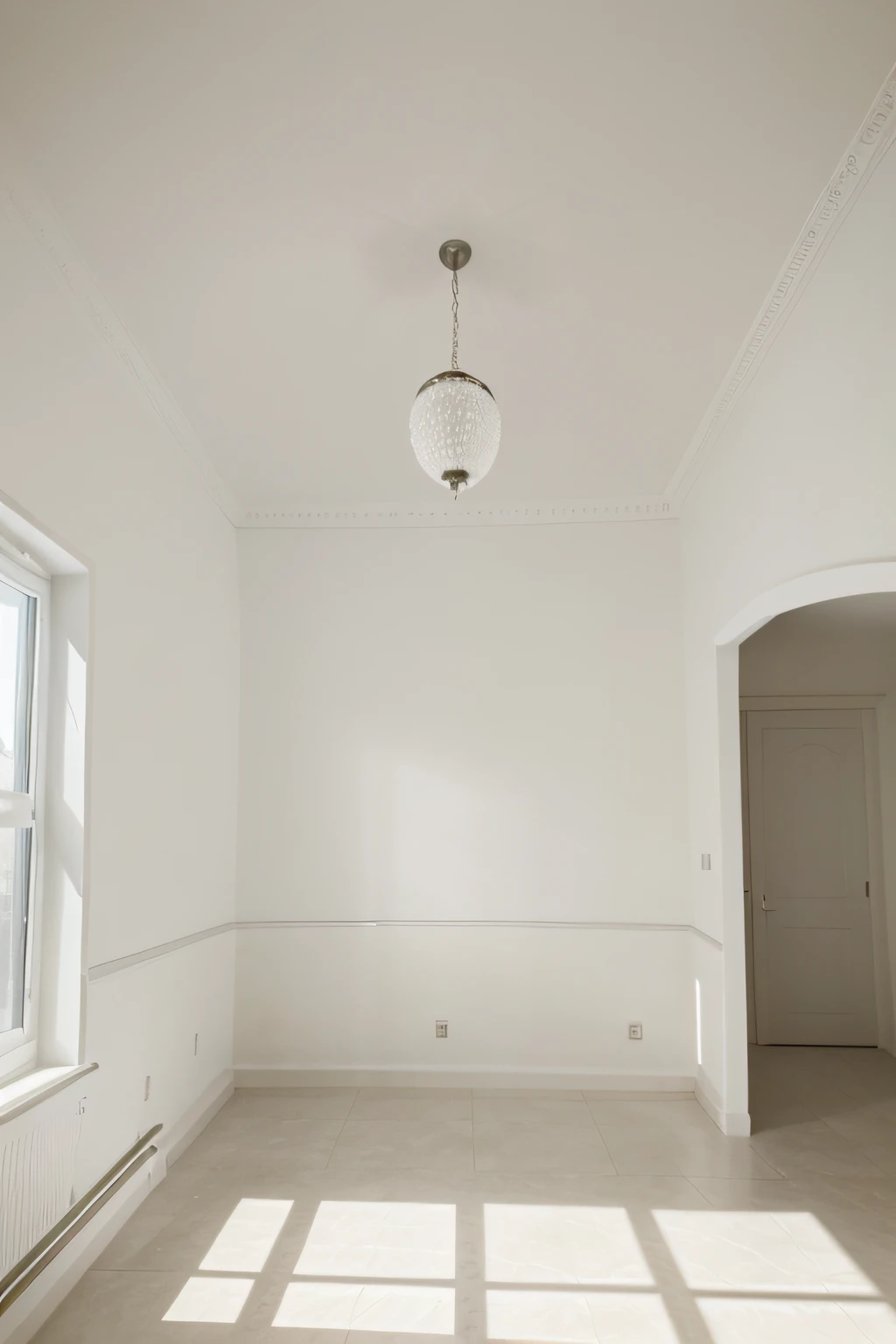 Empty room, width 2,5 meters, length 5 meters, white ceiling with stucco, white walls with stucco, view of two walls, Right,and one wall ahead, Floor, ceiling, Реалистичный 8K, Detailed, natural light without sunlight,,no doors,NO WINDOWS,no chandelier