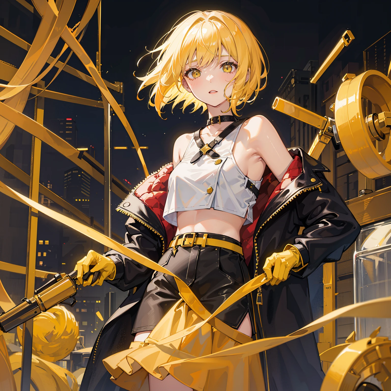 1girl, yellow hair, yellow eyes, short hair, side tail, crop top, jacket on shoulder, long yellow pants, blush, mall background