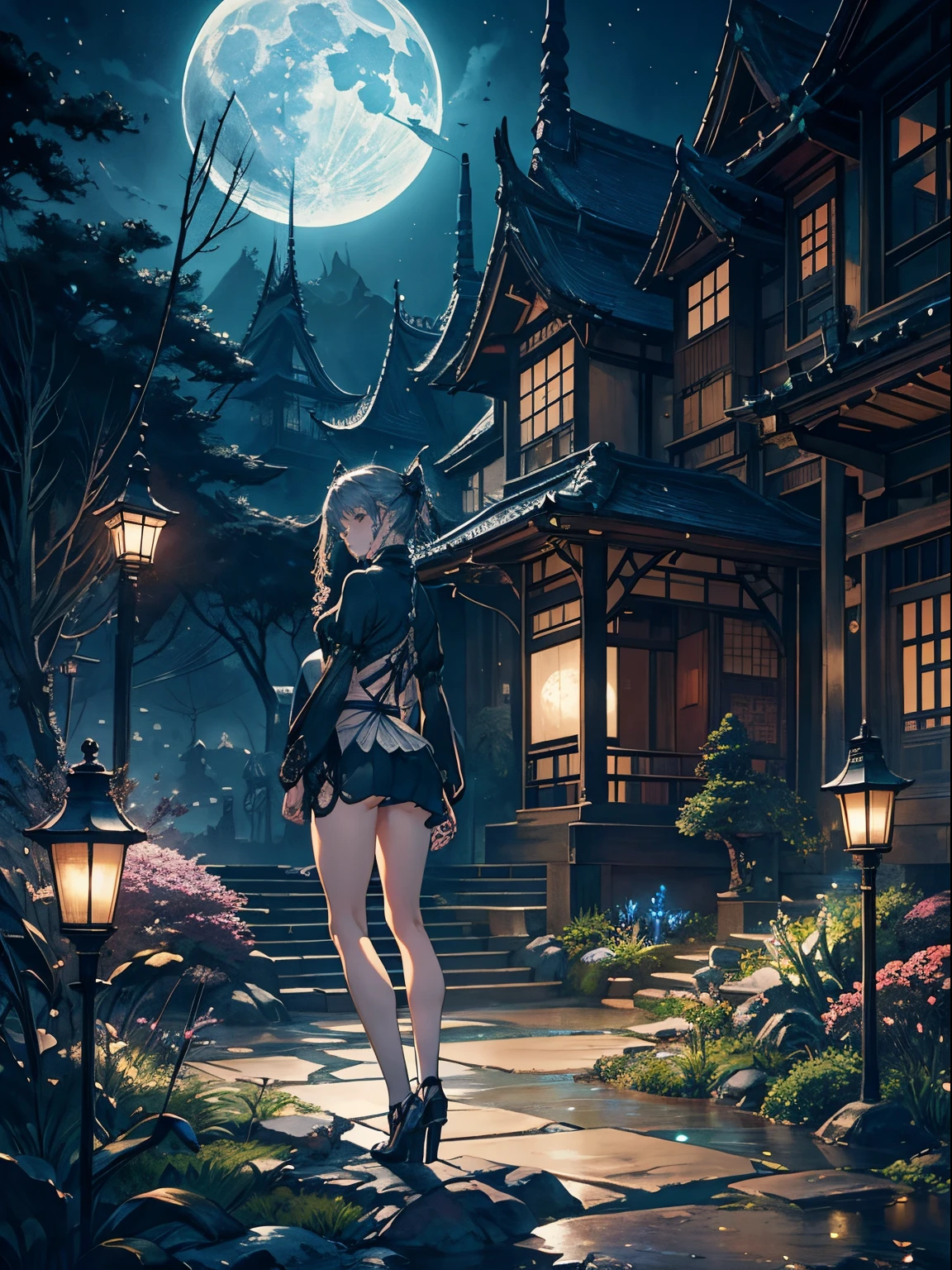 Arthur Rackham, James Jean, Surreal, mysterious, strange, fantastical, fantasy, Sci-fi, Japanese miniature garden on a full moon night, melting prism, miniskirt beautiful high school girl, perfect voluminous body, detailed masterpiece