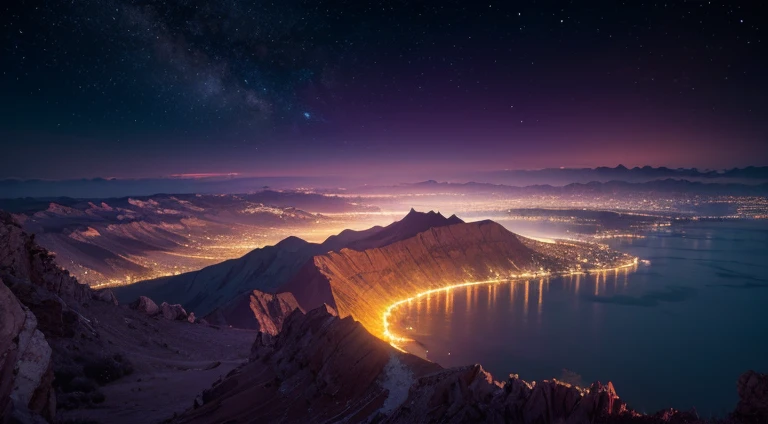 Expansive landscape photography,(a bottom view showing the sky above and open country below),(moon full:1.2),(meteors:0.9),(Starcloud:1.3),mountain in the distance,BREAK tree making art,(Warm light source:1.2),(glowworm:1.2),lamp lights,Lots of purple and orange,Complicated details,Volumetriclighting,BREAK realism(tmasterpiece: 1.2) , (best qualtiy), 4k, ultra - detailed, (Dynamic synthesis: 1.4), highly detailed, Colorful Detailed, (Irridescent color: 1.2), (Bright lighting, Atmospheric lighting), dream magical, Magic, (独奏: 1.2)