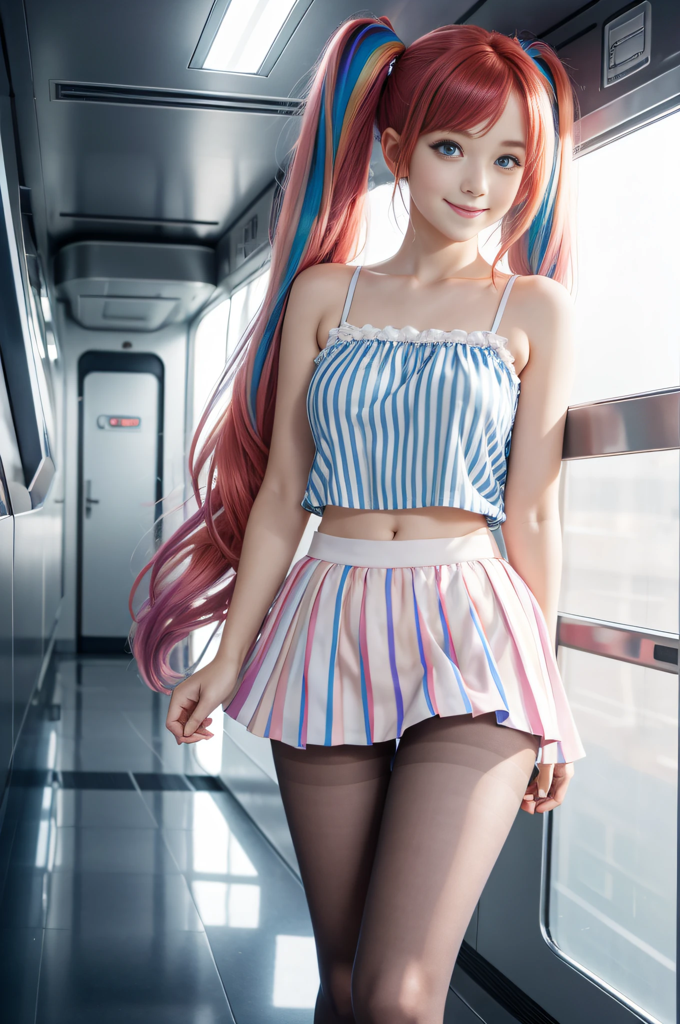 cute redhead with rainbow colored hair tips, ribbons in her hair, 18-year-old woman, happy, smiling, in twin tails, perfect symmetrical eyes, clear sparkling blue eyes, pale skin, silky smooth skin, standing on a fancy metal luxurious space ship, futuristic corridor, dark warm lighting, wearing a chemise over tank top and a pleated silk mini skirt (pastel colors and stripes), wearing full body pantyhose, cute short cut booties.