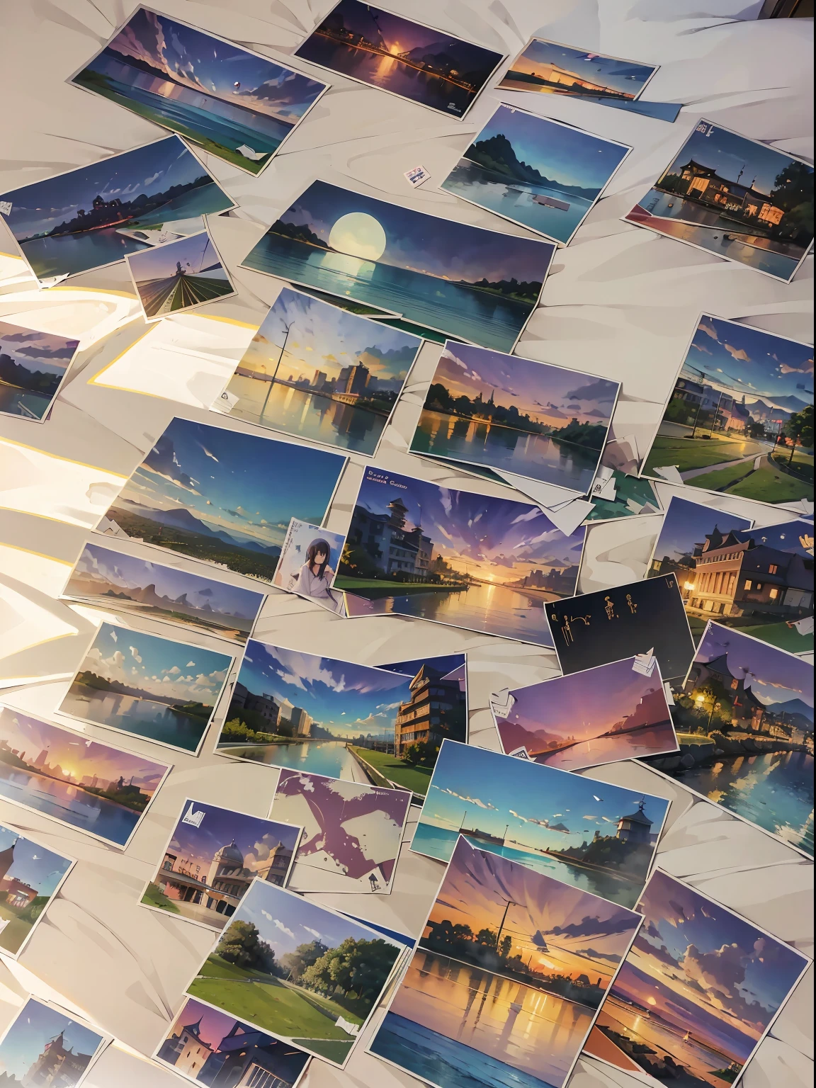 (RAW Photos, Best Quality), (animesque: 1.2), ((((Postcards scattered on the bed)))), ((1womanl)), ((Are sleeping)), ultra-detailliert,