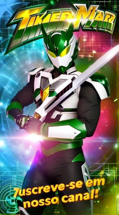 a poster of a man in green and white clothing holding a sword, Power Ranger Verde, Kamen Rider personagem, alta fantasia Kamen Rider, Fourze, Kamen Rider, kamen rider action pose, Tokusatsu, Kamen Rider fantasma, cyber japan armor, the secret seventh power ranger, armadura verde, cyber japan style armor, cyber fight armor, Koda Kazuma