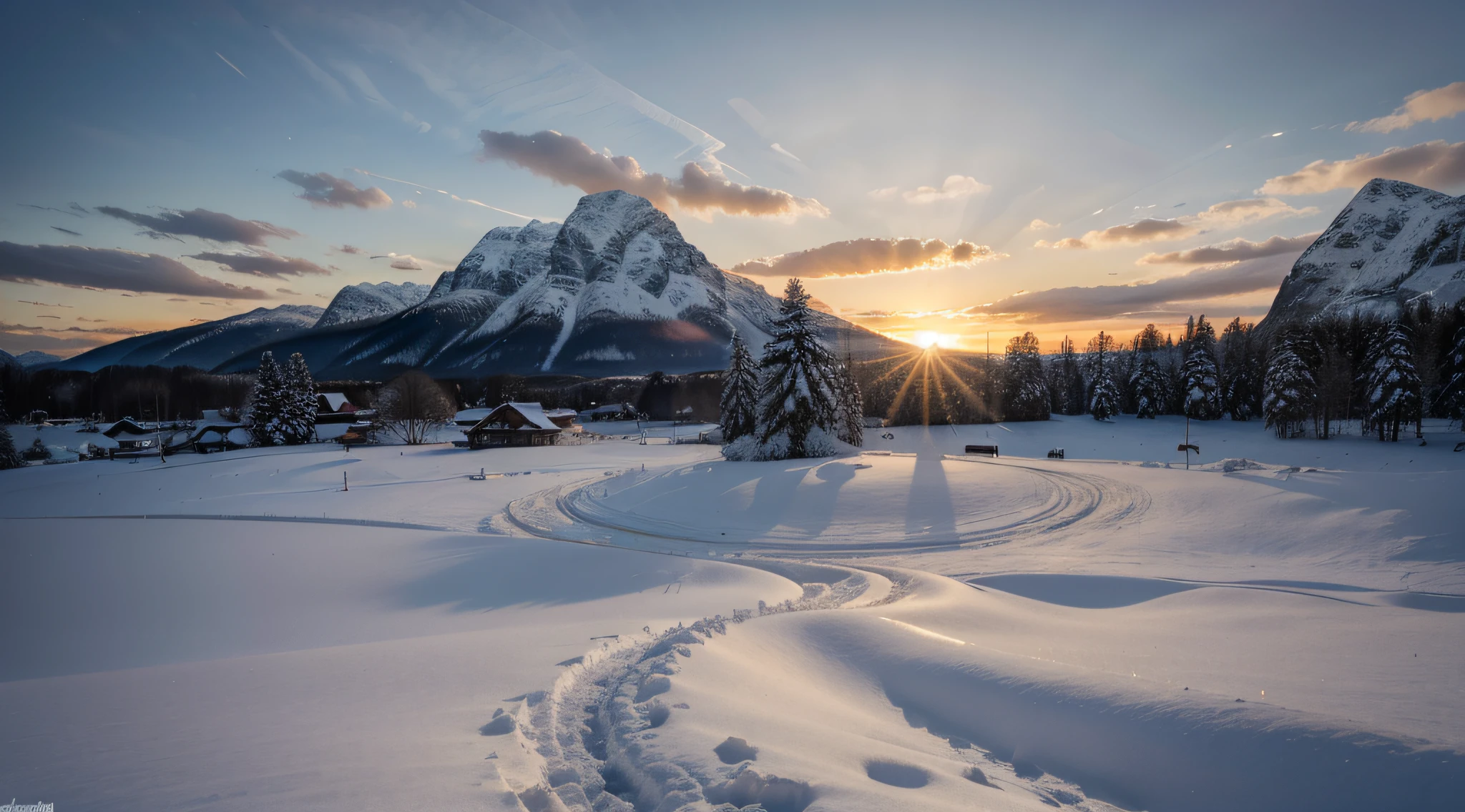 Fotorealistische Beleuchtung, HD-Details, Winter, Sonnenaufgang, Stern, Himmel, Berge,