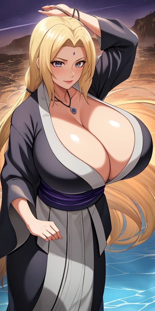 senju_tsunade, blue eyes, huge_breasts, 1chica, solamente, Afrodita, adornos para el cabello, flores en el cabello, pechos enormes, cuello, pulseras doradas, obra maestra, mejor calidad, colores vibrantes, NSFW, oversized gigantic breast, Mujer completamente madura, Cabello largo, happy face, (Beautiful_cara:1.5), (estrecho_cintura) cinematic lighting, bust shot, extremely detailed CG unity 8k wallpaper, muscular, (gigantic breasts:1.0), big eyes, (curvy:0.8), caustics, (sunbeam:0.8), water up to the chest, oversized gigantic breast, BBW | Mujer completamente madura,{{{1girll}}}, {{{La mejor calidad}}}, {{{HDR, hiper HD, 8k }}}, {{Pintura ultrafina}}, {{{Obra maestra}}}, {{Ultra detallado}}, {{extreme detail description}}, (Pechos gigantescos de escote:1.5), smile, 1girl, solo, hair over shoulder, tsunade, blonde hair, Bangs, long hair, 1 girl, closed mouth, (innocent_big_eyes:1.0), Light_Smile, masterpiece, best quality, detailed face, detailed eyes, highres, long sleeves, cleavage, jewelry, japanese clothes, kimono, necklace, black kimono, hakama, black hakama, sash, white sash, extremely detailed the pupils, extremely detailed hands,