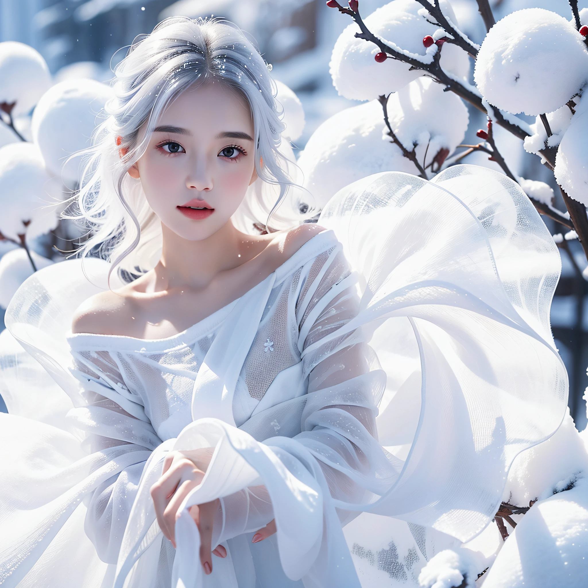 1girll,(snow,Ice), snow flower, In winter, White Hair, Shiny hair, Wavy Hair, Clothes transparent, frills, lace, wet clothes, off_shoulder, I'm a scrunchie.,masterpiece, Telephoto lens, Absurd, exquisite facial features