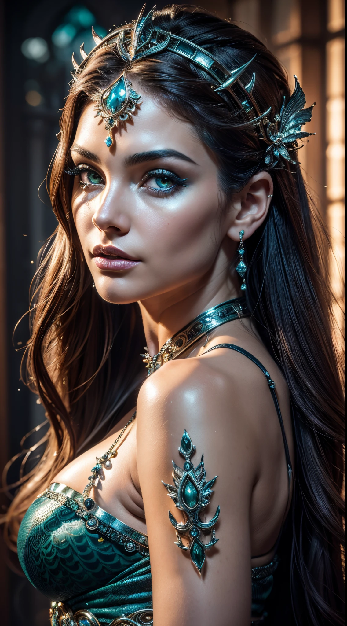 A stunningly intricate (((close-up portrait))), capturing the essence of a (((Siren))) with dazzlingly detailed features and a striking beauty that transcends this world, in the style of iconic artists like Luis Royo and Julie Bell, wearing exotically ornate attire that highlights her otherworldly appeal, com hypersharp ue5 photorealistic details, cinematic HDR SSAO RTX, 4k 8k 16k gigapixel render