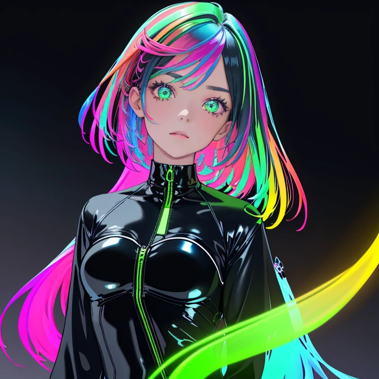 ((masterpiece、top-quality:1.5、a high chroma:1.5、ultra-detailliert、high-resolution illustrations:1.5、Ultra-high-definition CG、8k size wallpaper、offcial art))、(1girl,),(cute face:1.5)、(clear face:1.3)、(sexy body),(),(black rubber suit、cutout,front zipper),(fluorescence multicolored hair:1.5), ((medium breasts))、
,(Glossy costumes),()、(cowboy shot)、rainbow-colored hair