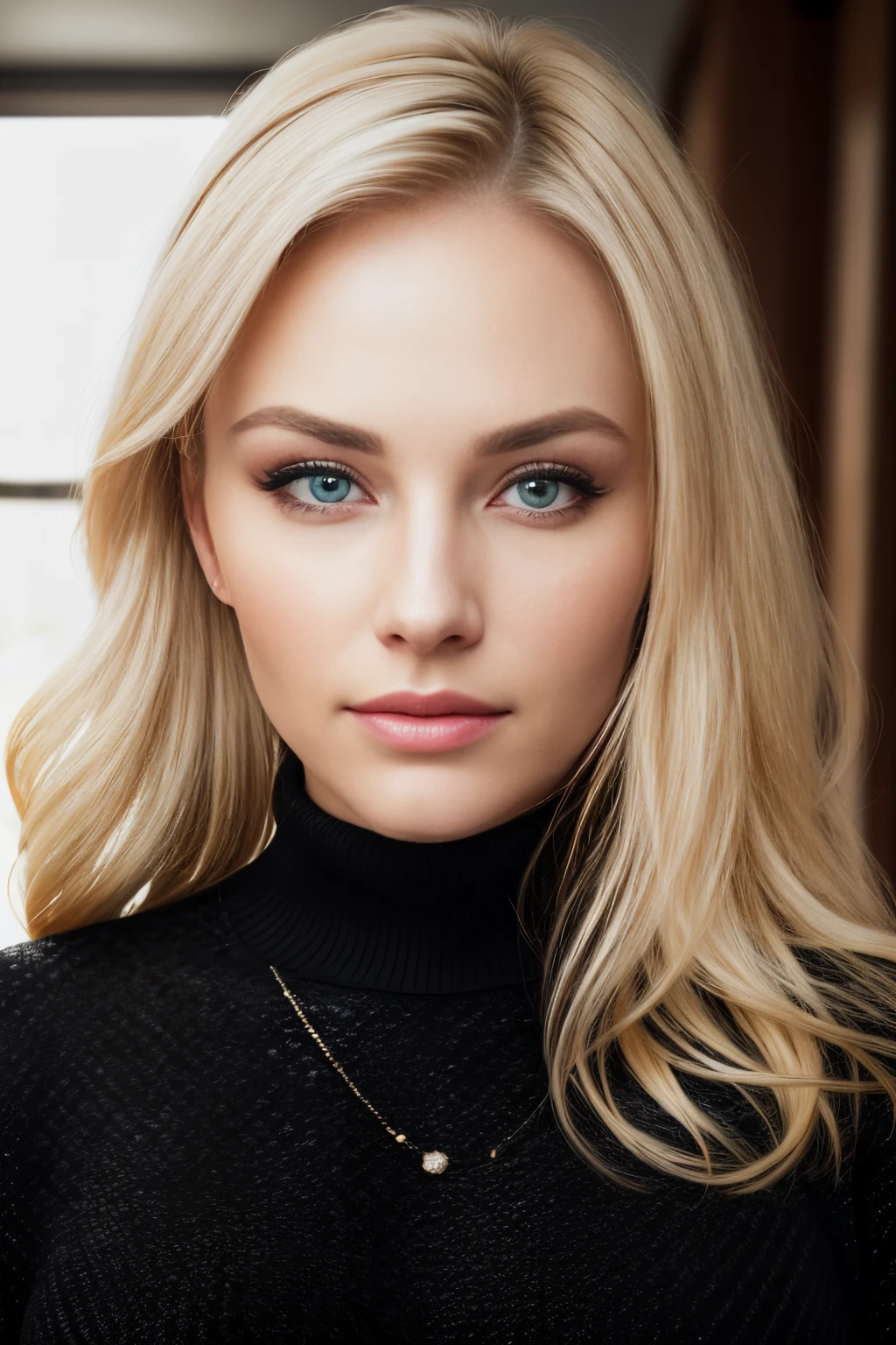 Blonde woman, young, ((general face)), living face, Russian, Detailed charming eyes, In a black sweater, ((detailed facial features)), (finely detailed skin), pale skin, realistic skin texture, Extreme skin profile, (pores:0.1), The best quality masterpiece, photorealistic portrait, very realistic, Detailed, 10, HDR, (soft colors: 1.2), shallow depth of field, Wide Lighting, high contrast, backlighting, light sparkles, Chromatic aberration, crisp focus, RAW color images