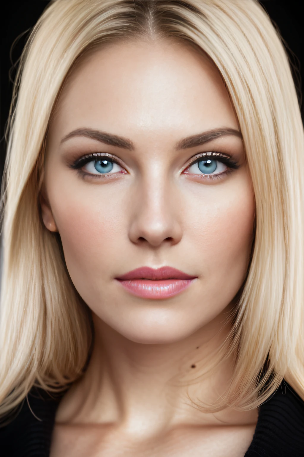 Blonde woman, young, ((general face)), living face, Russian, Subtly charming eyes., In a black sweater, ((detailed facial features)), (finely detailed skin), pale skin, realistic skin texture, Extreme skin profiles, (pores:0.1), The best quality masterpiece, photorealistic portrait, very realistic, Detailed, 10, HDR, (soft colors: 1.2), shallow depth of field, Wide Lighting, high contrast, backlighting, light sparkles, Chromatic aberration, crisp focus, RAW color images