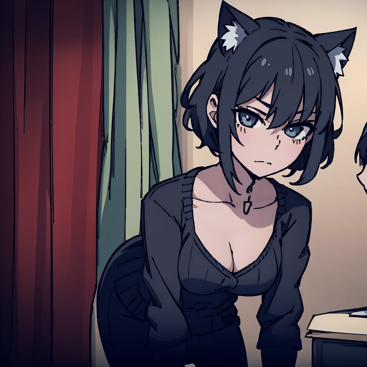 Girl with black short hair and cat ears