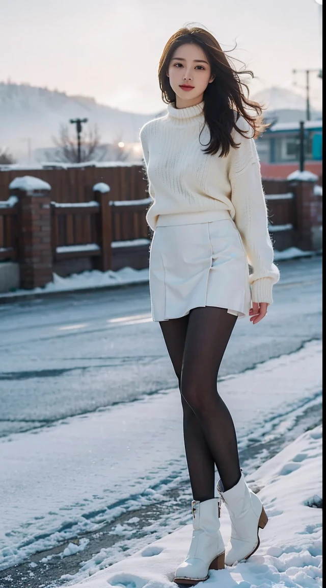 Alafid woman in white sweater posing on Moscow in winter,snow mountains,The picture is inspired by Liu Haisu,Douban,arabesque,wearing a white sweater,short skirt,full-body xianxia,gorgeous chinese models,stunning elegant pose,always wear a sweater,wearing a wool skirt、Elegant and seductive posture,She was wearing a white sweater,ChineseGirl,Put on martin boots,((Lace pantyhose)),Ray drag