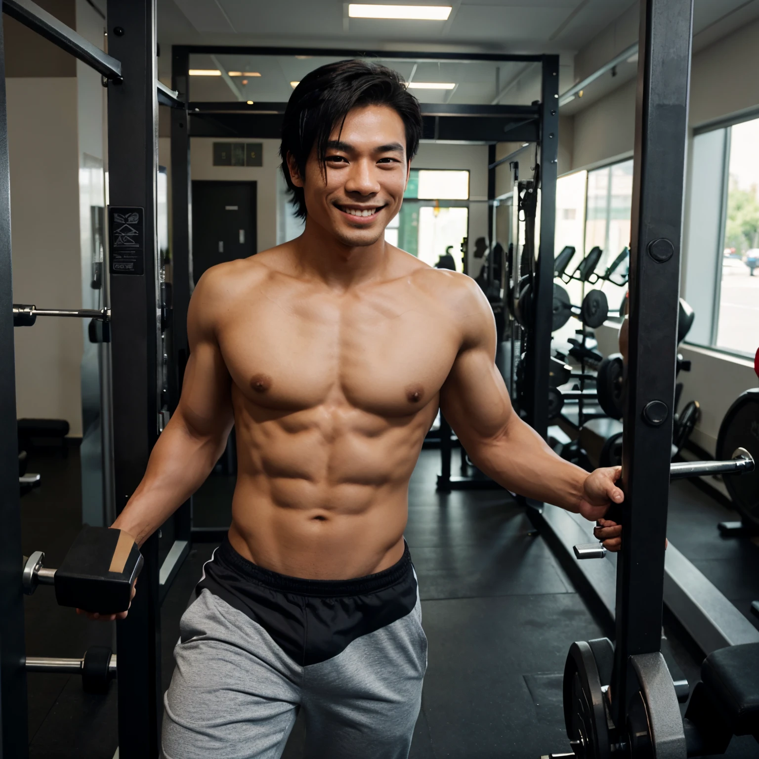 A toned Asian man with shoulder length black hair and a sweet smile. Kinda a gym guy