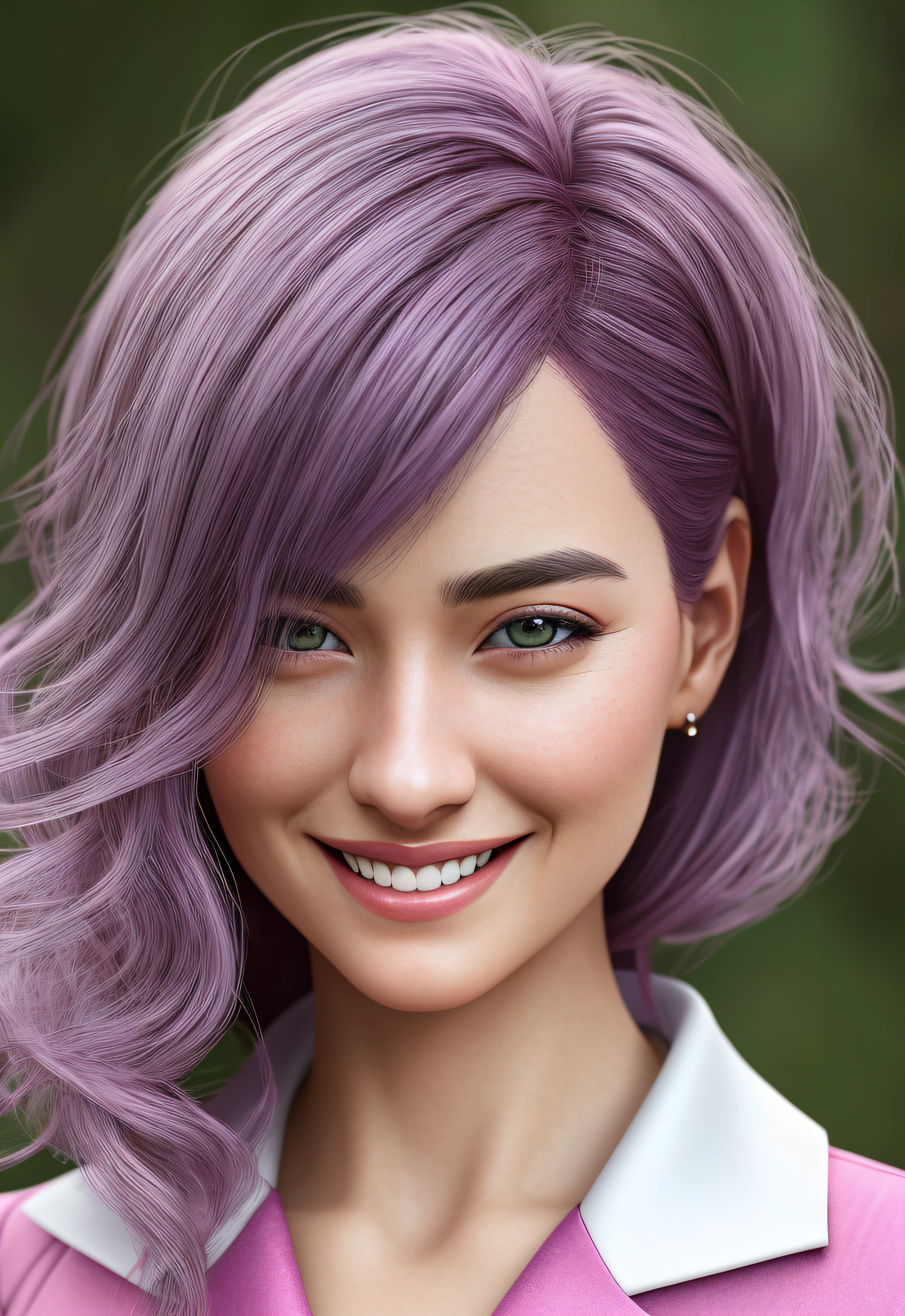Photorealistic RAW style, photo of Sophie, twintails, smiling, pink suit, purple hair, purple eyes, detailed skin, detailed eyes, finely detailed hair, volumetric light, detailed outfit, ground, detailed outfit, natural textures, hyper maximalist, elegant, super detailed, dynamic pose, photo realistic, ultra-detailed, ultra realistic, hyper maximalist, super detailed ,cinema quality, Sony A7S III, f/ 8. 0, 1/ 200, sharp focus, detailed 64K, sharp focus 64K megapixel