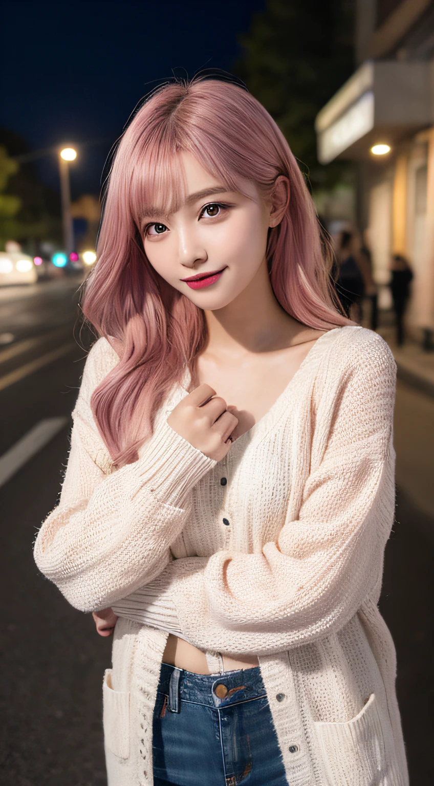 (best quality detailing)、Reality、8k UHD、high-res、(1girl in:1.2)、(pink hair), Special details lurking、High quality surface、intricate detailed、ultra-detail、Very Detailed CG、high quality shadow、Beautiful delicate facial details、Description: Beautiful delicate eyes、deep depth of field、Ray Thrashing、In her 20s.、Beautiful K-pop Girl、(Korean Urzan Face)、Slender Face、(ulzzang -6500-v1.1:0.6)、pureerosface_v1、Glow Eyes、perfectbody、 See Viewr.、(best quality detailing:1.2)、Reality、8k UHD、high-res、(1girl in:1.2)、Special details lurking、High quality surface、intricate detailed、teak、Glossy lips,(The most delicate and best smile)、High image quality, highest image quality, 最高品質, real light, 4K 8k UHD Full Color RAW Photos, Fuji Film(Medium format), hasselblad, Carl Zeiss, (Knee shot)、high-res, High pixel count, Clear details, sharp photo, Natural color reproduction, Noise Reduction, High fidelity, quality, Optimized algorithms, Pro retouching,(pink hair), (long)、(Layered Hairstyle), Beautiful delicate hair description、White Cardigan、Moe's Arm、damaged denim jeans、road at night、Neon、(The most delicate and best smile),
