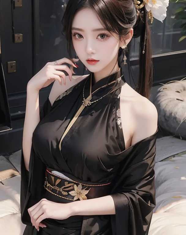 ((tmasterpiece,Best quality at best)),1个Giant Breast Girl, black kimono, Black tights, black ribbon, brunette color hair, SakuraNS, daysies, florals, hair-bun, shairband, Japanese clothes, komono, long whitr hair, looking at viewert, back to look back , multipel Girls, obi strip, Outdoor activities, red eyes, redheadwear, ribbons, sandals, It’s good to be single, stairways, Permanent, statues, torii, The tree, Kimono with white, yellow-eyed