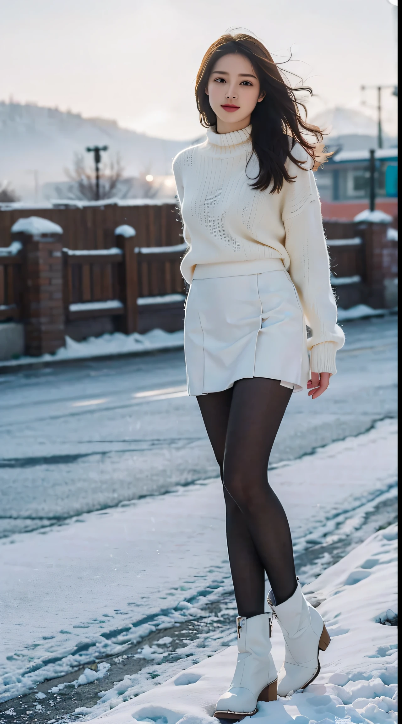 Winters，Alafid woman in white sweater posing in Moscow，snow mountains，The picture is inspired by Liu Haisu，Douban，arabesque，wearing a white sweater，short  skirt，full-body xianxia，gorgeous chinese models，stunning elegant pose，always wear a sweater，wearing a wool skirt、Elegant and seductive posture，She was wearing a white sweater，ChineseGirl，Put on martin boots，（（Lace pantyhose）），Ray drag