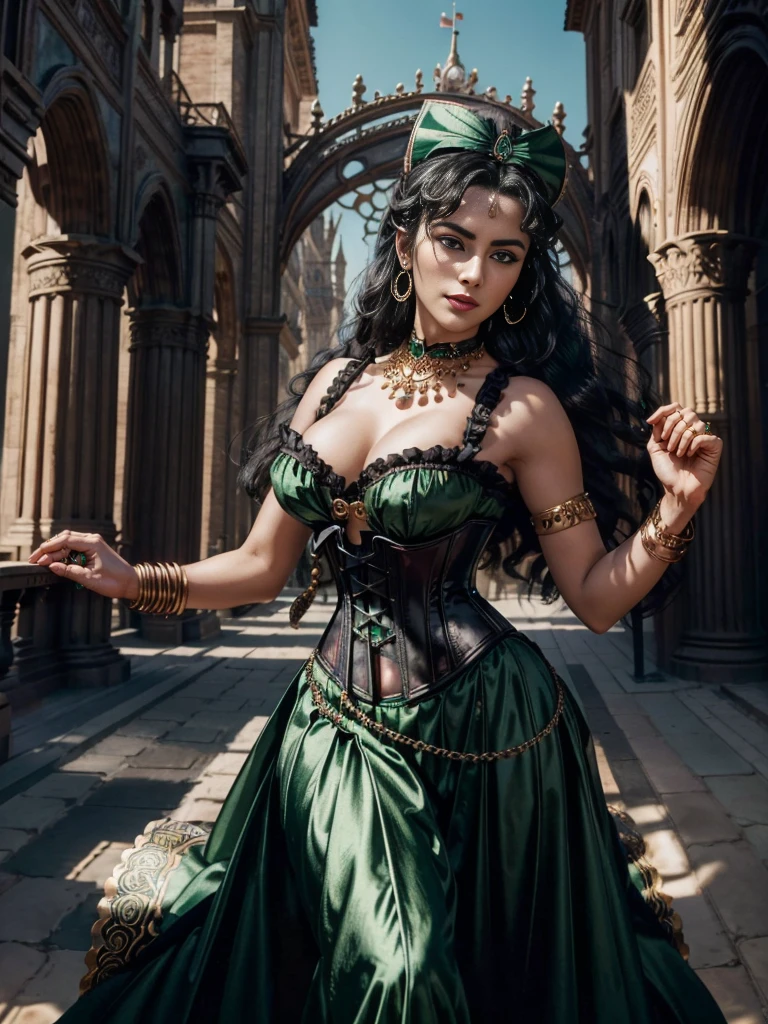 A beautiful woman, with a slightly rounded face, with panther green eyes, the posture and beauty of a Persian queen, with long curly black hair, with a sensual mouth, a happy and vibrant woman, sexy and beautiful, an emerald amulet on her neck, ((wearing a corset black)), ((with jewelry and bracelet on her arms)), ((red circle skirt of a gypsy dancer style from the Victorian era)), in the background Seville cathedral in Spain, wallpaper 4k, 32k Ultra, Ultra Hd,
cinematic lighting, movie poster, Top Quality、超High Resolution A