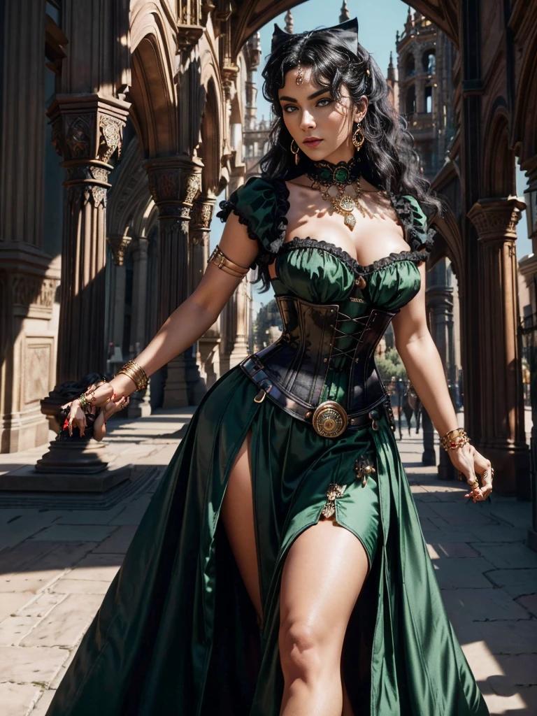 A beautiful woman, with a slightly rounded face, with panther green eyes, the posture and beauty of a Persian queen, with long curly black hair, with a sensual mouth, a happy and vibrant woman, sexy and beautiful, an emerald amulet on her neck, ((wearing a corset black)), ((with jewelry and bracelet on her arms)), ((red circle skirt of a gypsy dancer style from the Victorian era)), in the background Seville cathedral in Spain, wallpaper 4k, 32k Ultra, Ultra Hd,
cinematic lighting, movie poster, Top Quality、超High Resolution A