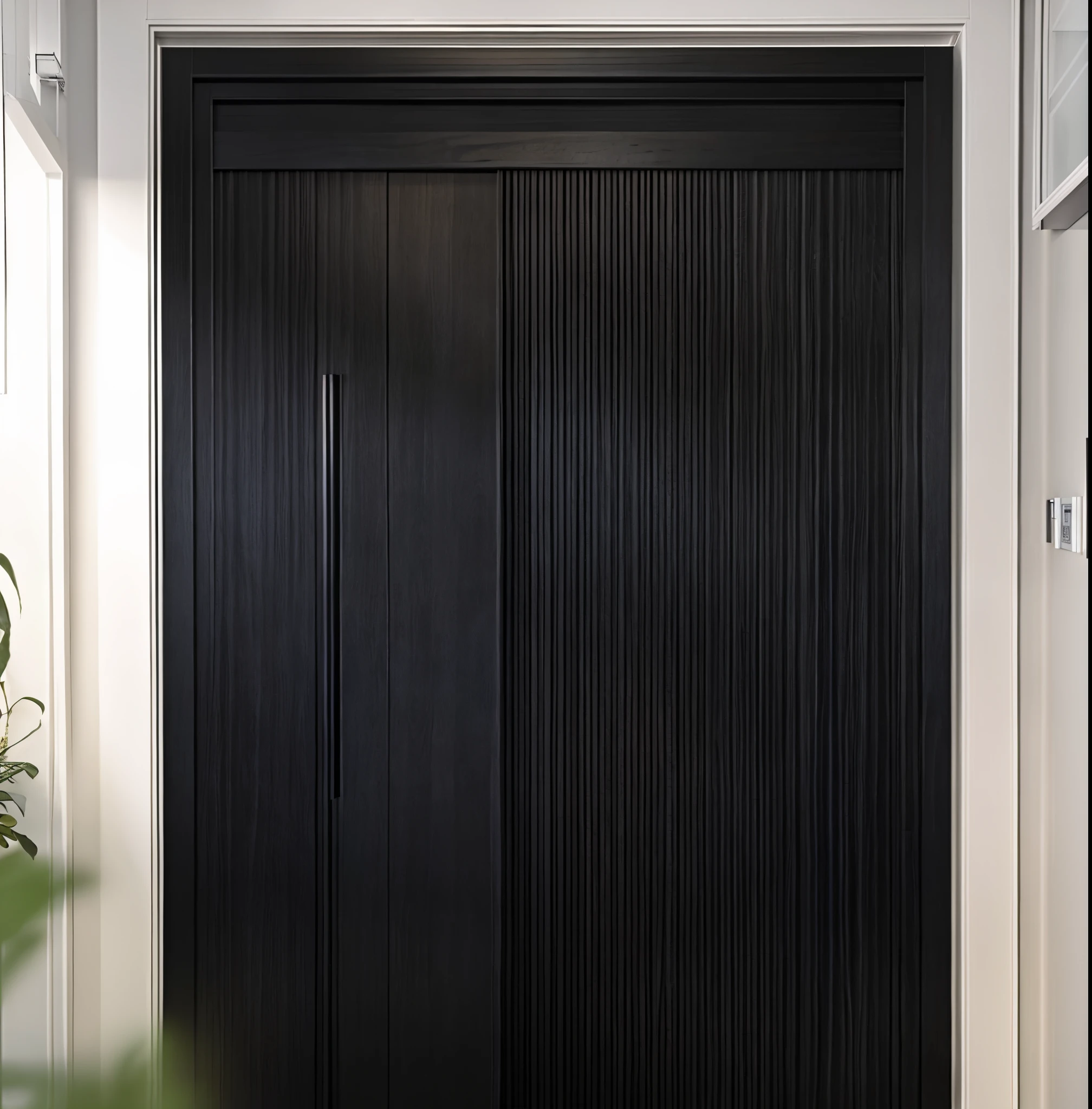 There is a black door，a white box，a black door, Black vertical slatted wood, tall door, tall entry, Inspired by Ito Jakuchi, balcony door, all black matte product, Inspired by Dongyang, Selangor, Inspired by Hideo Domoto, dramatic entry