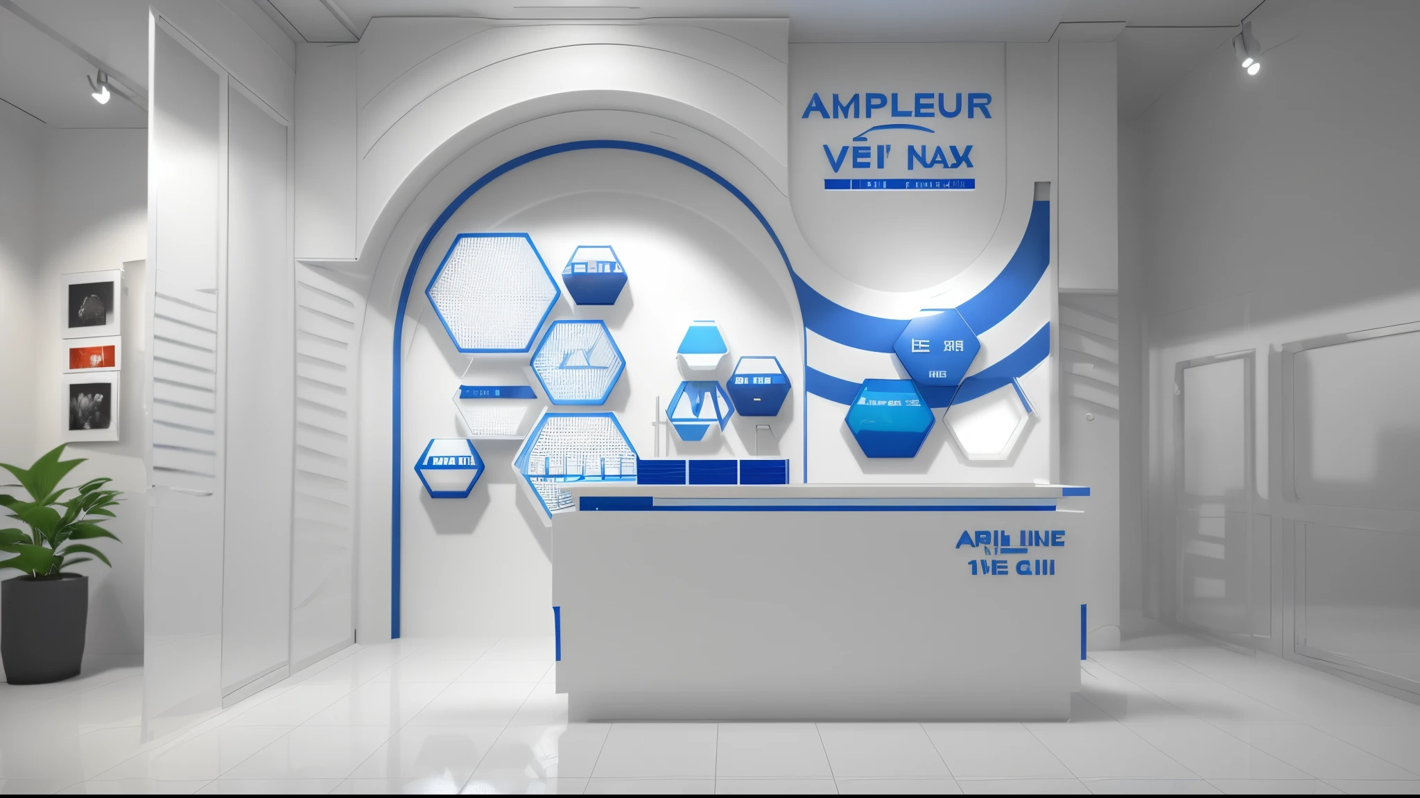 there is a white counter with a blue and white sign on it, archillect concept art, nostalgic atmosphere, in style of lam manh, vue 3d render, version 3, product display, warm and joyful atmosphere, exhibition, cheerful atmosphere, uv, 3 d concept, 3d concept, concept illustration, 3 d render n - 9, aniplex