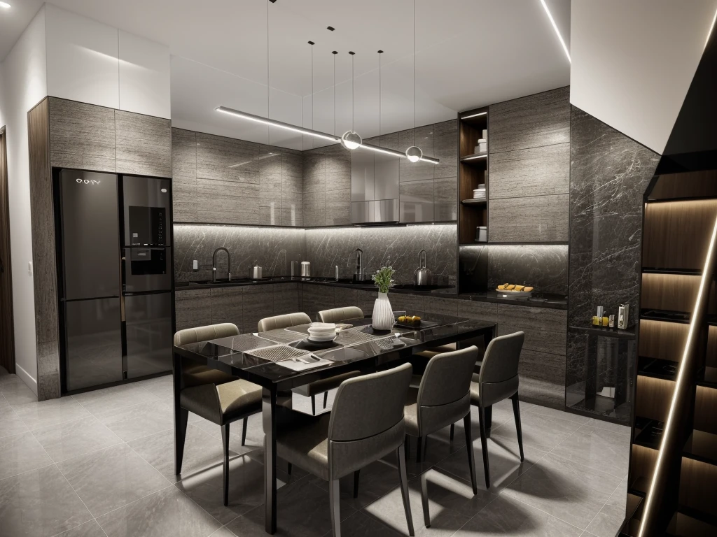 (white acrylic wardrobe:1.3), a modern kitchen room with stylish interior design, mable wall, ((featuring warm (LED light:1.2) in Kitchen Cabinets)). The kitchen is spacious and well-lit, with sleek and contemporary furniture. The walls are painted in a neutral tone, creating a warm and inviting atmosphere. The Kitchen Cabinets add a touch of elegance to the space, with their clean lines and glossy finish. The LED lights are strategically placed to highlight the countertops and create a cozy ambiance. The kitchen is equipped with state-of-the-art appliances, such as a stainless steel refrigerator, a built-in oven, and a sleek cooktop. The countertops are made of marble, providing a luxurious touch. The kitchen also features a large island with bar stools, perfect for entertaining guests or enjoying a quick meal. The room is completed with modern pendant lights hanging above the island, adding a stylish and artistic flair. The overall design of the kitchen room is both functional and aesthetically pleasing, combining modern elements with warmth and sophistication, The ambient lighting highlights the textures and details, creating a stock photo-like atmosphere, (((Best Quality:1.5))), ((Masterpiece)), ((best illustration)), ((best shadows)), ((Super Detail:1.5)), (Intricate lines:1.5), (Photorealism:1.5),(hyper detail:1.5), ((archdaily)), ((award winning design)), (dynamic light:1.5), ((night)), (perfect light:1.5), (shimering light:1.5), (hidden light:1.5), ((photorealistic)), ((FKAA, TXAA, RTX, SSAO)), ((Post Processing)), ((Post-Production)), ((CGI, VFX, SFX)), ((Full color)), ((Sony A7R IV - 61 MP Exmor R CMOS full frame 35mm 61.0 Megapixel)) ,((Unreal Engine 5)), ((intricate detail)), ((extreme detail)), ((science)), ((hyper-detail)), ((super detail)), ((super realistic)), ((crazy detail)), ((octane render)), ((Cinematic)), ((trending on artstation)), ((High-fidelity)), ((Viwvid)), ((Crisp)), ((Bright)), ((Stunning)),, ((Eye-catching)), ((High-quality)),((Sharp))