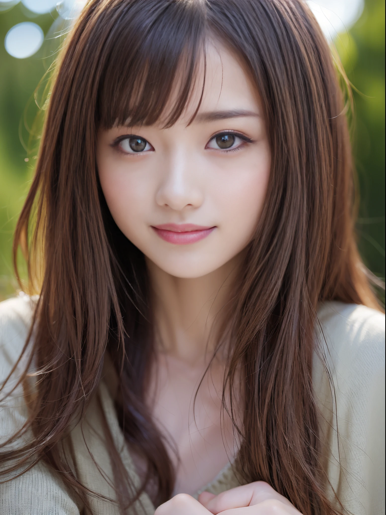 top-quality、​masterpiece、超A high resolution、(Photo Real:1.3)、Model body type、1girl in, Beige hair、Hair that flutters in the wind、bobhair、Natural clothing、model poses、美丽的面容、extra detailed face、Fine-grained skin texture、A detailed eye、二重まぶた、A big smile、Focal length 50mm lens、F-1.8、natural soft light、Healthy beauty、Angle of pull、turning style、Deep subject depth