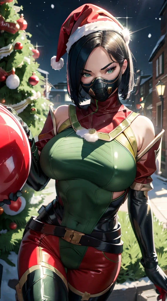 viper, riding in santa's sleigh, mask, respirator, shiny clothing, latex, christmas scene, zoomed out, zoomed way out, big boobs, exotic, leapord print clothing, santa hat, christmas, christmas tree, snow, 8k, high res, ultra realism, unreal engine, beatiful eyes, sparkling eyes, flirty look, sexy, holding a shiny red christmas ball, big tits, perfect woman, very clear, crisp, hd, uhd, 8k, 8k, 4k, high resolution, 360hz, dominating, confident, correct amount of limbs, houston, full body, opposite of close up, correct amount of hands and fingers
