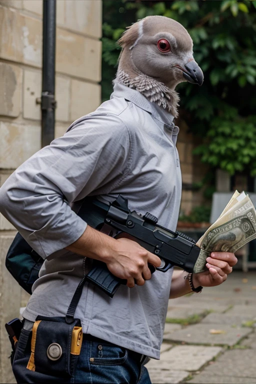 pigeon with a gun and cash