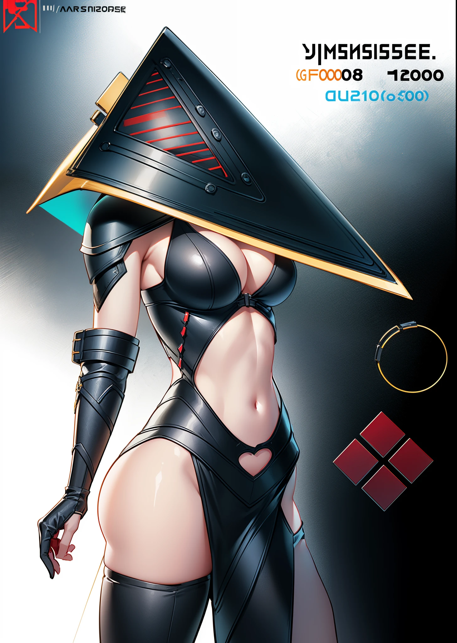 ((completely white background)),((1 girl))(((8K,2 thousand.))),(tmasterpiece), (((beste-Qualit))), (Ultra-detailed), (((highly detailed CG illustration))),a 1girl,( ConceptArt) , , (tmasterpiece:1.2), (beste-Qualit:1),(big breastes), ((metal texture on the suit)) , bare waist, ((triangular head mask))