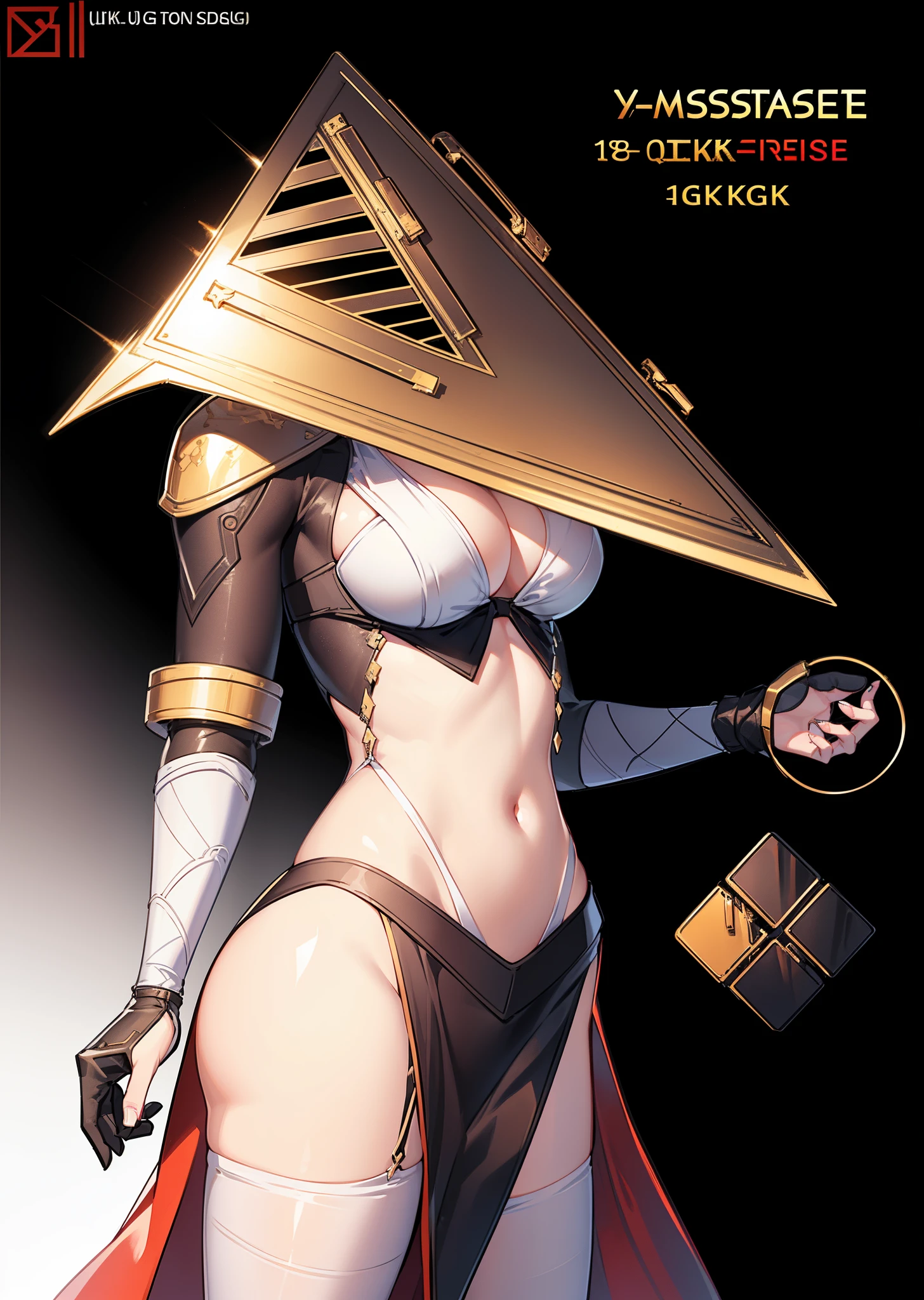 ((completely white background)),((1 girl))(((8K,2 thousand.))),(tmasterpiece), (((beste-Qualit))), (Ultra-detailed), (((highly detailed CG illustration))),a 1girl,( ConceptArt) , , (tmasterpiece:1.2), (beste-Qualit:1),(big breastes), ((metal texture on the suit)) , bare waist, ((triangular head mask))