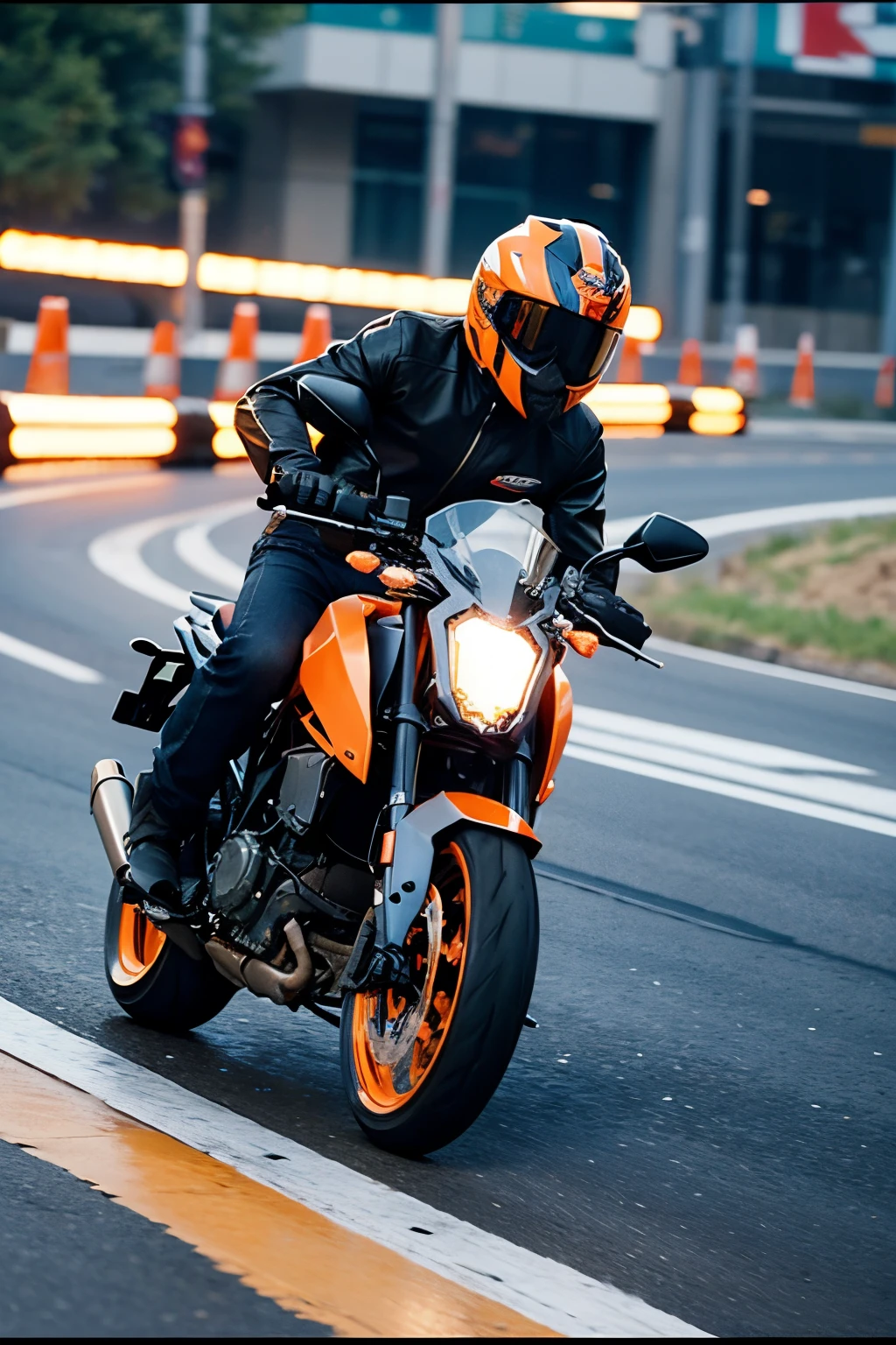 There  a man riding an orange motorcycle on the road, Speeding on a motorcycle, velocity, high-speed action,Background motion blur , inspiring, Rapidly, KTM DUKE790 KTM790 motorcycle, Fast-paced, Riding, screen shot, poster shot, Speed blur, screen shot, High-speed motion, Hurry up, riding a futuristic motorcycle, high speed, superspeed, [ Photorealistic photos ]!!