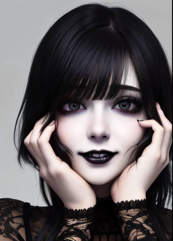 ((best quality)), ((highly detailed)), masterpiece, absurdres, detailed face, beautiful face, (1girl), yandere trance, yandere, hands on own face, hands on own cheeks, creepy, shaded face, messy bangs, short messy hair, black hair, fangs, smiling, black lipstick, emo, emo clothing, wide angle, detailed background