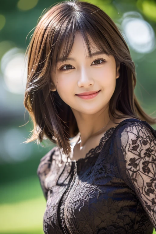 (Best quality, 8k, 32k, Masterpiece, UHD,:1.2), Japanese woman , ultra-detailed face, detailed eyes, highly detailed lips ,dark brown hair, slender figure, longshot, dress , smile