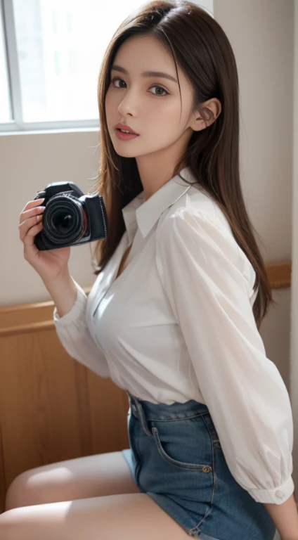 ((quality, 8K, tmasterpiece: 1.3)), big breasts beautiful, 1 female reporter, bigger: 1.3, Slim abs: 1.1, dark brown hair, (in blouse wearing,holding a camera), Ultra-detailed face, Highly detailed lips, 詳細な目, 二重まぶた,The background a shabby room,There a window