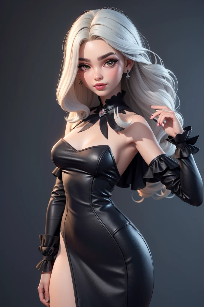masterpiece, best quality, sayman, 1girl, solo, goth, curvy, thick thighs, long hair, white hair, black lipstick, eyeshadow, shy, black crop top, navel, black skirt, thighhighs, front view, white background,