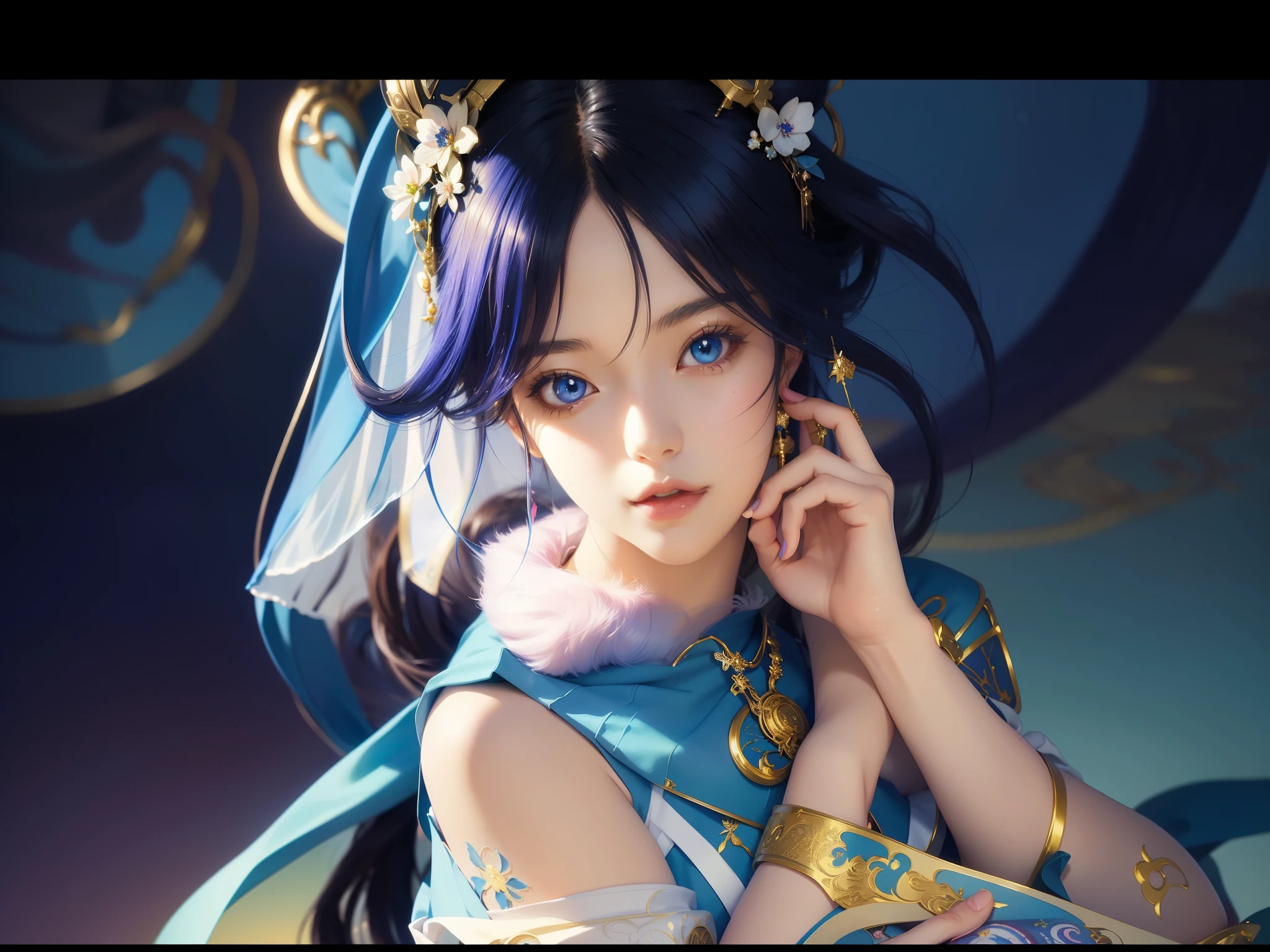 Anime girl with blue eyes and long hair wearing a blue skirt, Zodiac Girl Knight Portrait, detailed digital anime art, Very detailed ArtGerm, Beautiful fantasy anime, ! dream art jem, anime fantasy illustrations, 2. 5d CGI anime fantasy artwork, Smile like a fairy king, 《the original god》Keqing in, digital anime art, Anime fantasy artwork