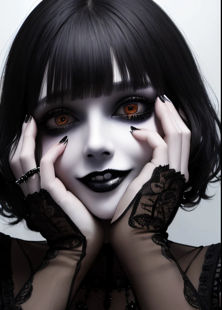 ((best quality)), ((highly detailed)), masterpiece, absurdres, detailed face, beautiful face, (1girl), yandere trance, yandere, hands on own face, hands on own cheeks, creepy, shaded face, messy bangs, short messy hair, black hair, fangs, smiling, black lipstick, goth, goth clothing, wide angle