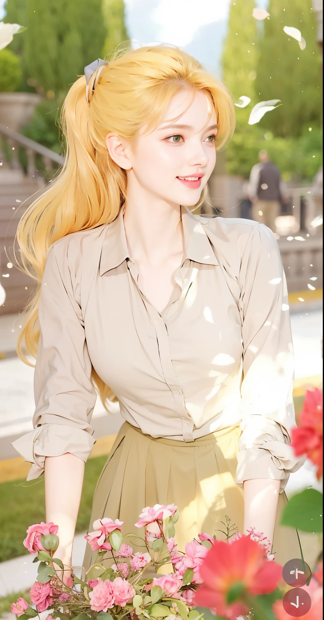 Best quality, masterpiece, ultra high res, (photorealistic:1.4), beautiful young girl, , cinematic lighting, yellow hair, green eyes , cute face