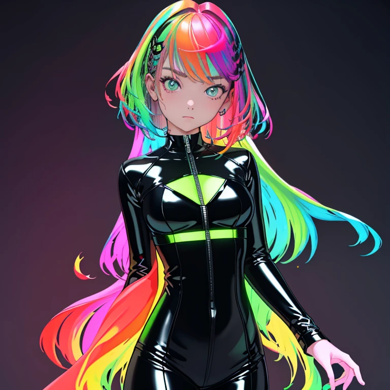 ((masterpiece、top-quality:1.5、a high chroma:1.5、ultra-detailliert、high-resolution illustrations:1.5、Ultra-high-definition CG、8k size wallpaper、offcial art))、(1girl,),(cute face:1.5)、(clear face:1.3)、(sexy body),(),(black latex suit、cutout,front zipper),(fluorescence multicolored hair:1.5), ((medium breasts))、
,(Glossy costumes),()、(cowboy shot)、rainbow-colored hair