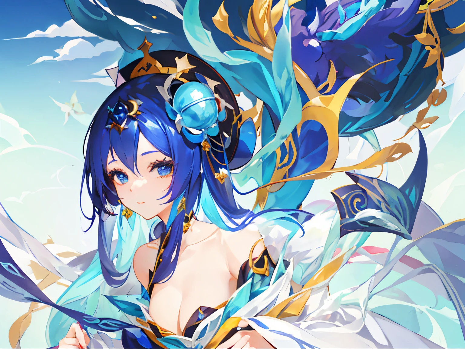 Anime girl wearing blue hat and blue dress holding, beautiful fantasy empress, onmyoji detailed art, 《the original god》Keqing in, 《the original god》Zhongli in Zhongli, ((beautiful fantasy empress)), Inspired by Puhua, heise jinyao, Inspired by Lanying, Inspired by Luo Mu