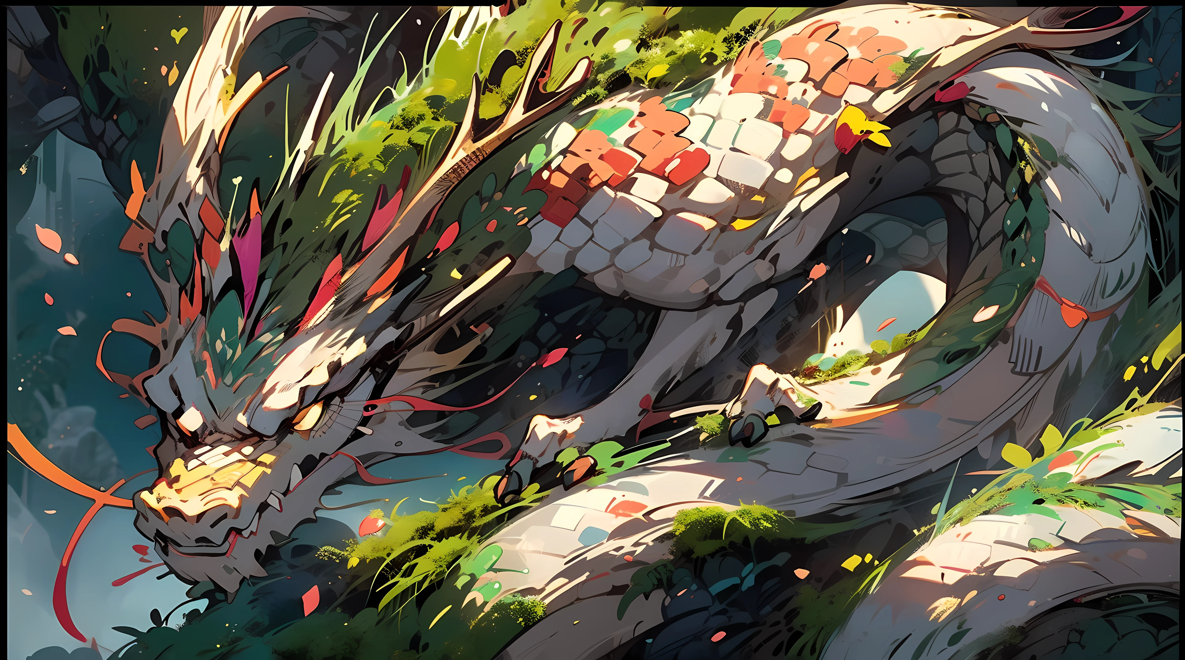 hyper-detailing, A high resolution, ultra - detailed, Best quality, Amazing cleavage, quality, Extremely detailed comic style，8k wallpaper, 电影灯光，Mottled light and shadow，From the side Side,lens flare glow,Ray traching,A red and white dragon，closeup cleavage,Looking from the direction of the dragon#39;s head view，Dragon whiskers float in the air，There are tree vines inside the dragon#39;bugle，There  some moss attached to the dragon scales，Calm demeanor，sleep on a big rock，There are some huge tree branches scattered around，There are some glowing butterflies and elves around